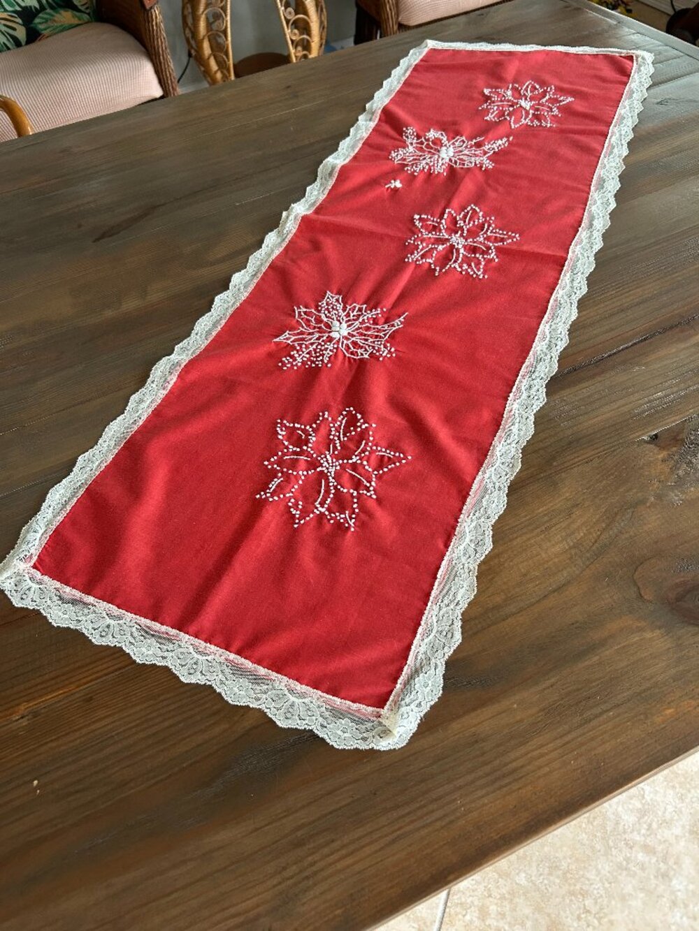 Vintage 1950's Hand Stitched & Embroidered Lace-Edged Christmas Table Runner